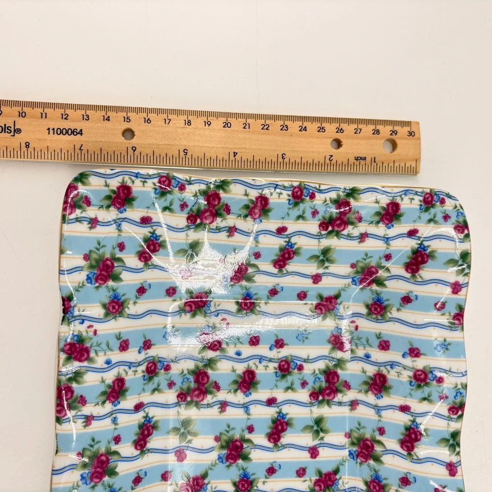 Vintage Jay & Sons Chintz Porcelain Serving Tray Pink Roses Blue Stripes‎ 12
